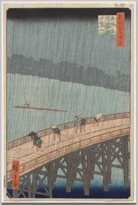 Dokumentasi museum Sudden Shower over Shin-Ōhashi Bridge and Atake, from One Hundred Famous Views of Edo. Utagawa Hiroshige (Japanese, 1797–1858).