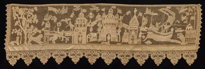 Dokumentasi museum Lace Border with Battle Scene. Nama pembuat belum tercantum pada daftar atribusi museum.