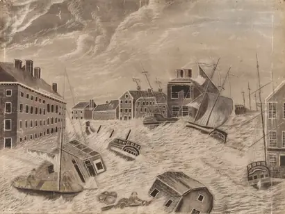 Dokumentasi museum Market Square, Providence, Rhode Island, During the Great September Gale. Nama pembuat belum tercantum pada daftar atribusi museum.