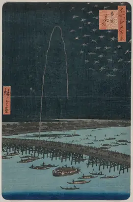 Dokumentasi museum Fireworks at Ryōgoku, from the series One Hundred Views of Famous Places in Edo. Utagawa Hiroshige (Japanese, 1797–1858).