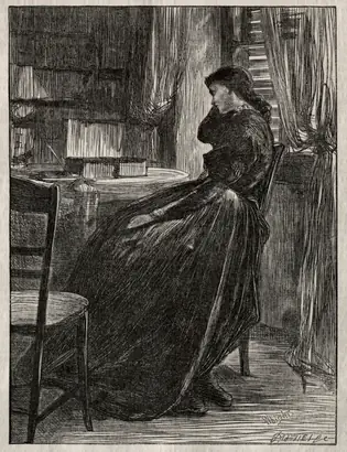 Dokumentasi museum The Trial Sermon, Joanna Douglas at Her Desk. James McNeill Whistler (American, 1834–1903); block cut by: Dalziel Brothers (British).