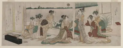 Dokumentasi museum Tsukasa and Other Courtesans of the Ogiya Watching the Autumn Moon Rise Over Rice Fields from a Balcony in the Yoshiwara. Katsushika Hokusai (Japanese, 1760–1849).
