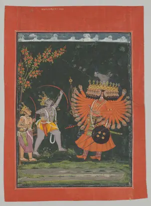 Dokumentasi museum Rama and Lakshmana Fighting Ravana, from a Dashavatara (Ten Incarnations [of Vishnu]) series. Nama pembuat belum tercantum pada daftar atribusi museum.