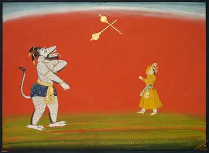 Dokumentasi museum Pradyumna and Samvara fight with maces, from the "Large Basohli Bhagavata Purana". Nama pembuat belum tercantum pada daftar atribusi museum.