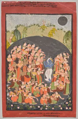 Dokumentasi museum Krishna and the Gopis Gather for Rasamandala. Nama pembuat belum tercantum pada daftar atribusi museum.