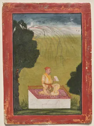 Dokumentasi museum Raja Dilip Singh of Guler on a dais. Nama pembuat belum tercantum pada daftar atribusi museum.