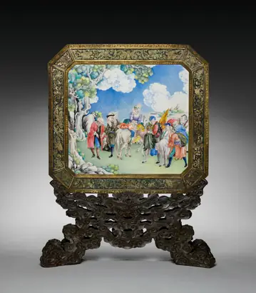 Dokumentasi museum Screen with European Figures (obverse) and Landscape (reverse) with Stand. Nama pembuat belum tercantum pada daftar atribusi museum.