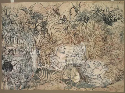 Dokumentasi museum Umed Singh of Kota Hunting Lions. Nama pembuat belum tercantum pada daftar atribusi museum.