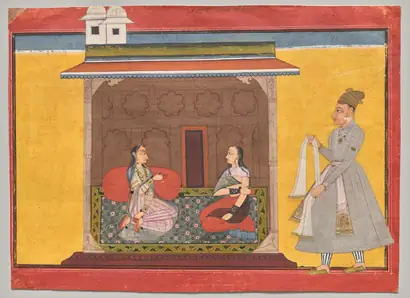 Dokumentasi museum The Heroine Who is Faithfully Loved: Madhya Svadhinapatika Nayika, from a Rasamanjari of Bhanudatta. Nama pembuat belum tercantum pada daftar atribusi museum.