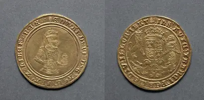 Dokumentasi museum Sovereign of Twenty Shillings: Edward VI (obverse); Crowned Shield of Royal Arms (reverse). Nama pembuat belum tercantum pada daftar atribusi museum.