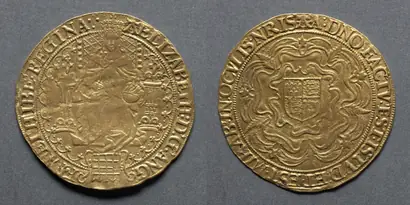 Dokumentasi museum Sovereign of Thirty Shillings: Elizabeth I (obverse); Shield of Arms on Tudor Rose (reverse). Nama pembuat belum tercantum pada daftar atribusi museum.