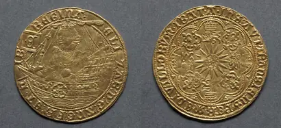 Dokumentasi museum Ryal: Elizabeth I in Ship (obverse); Rose over Radiate Sun (reverse). Nama pembuat belum tercantum pada daftar atribusi museum.
