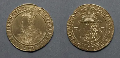 Dokumentasi museum Pound: Elizabeth I (obverse); Crowned Shield of Arms (reverse). Nama pembuat belum tercantum pada daftar atribusi museum.