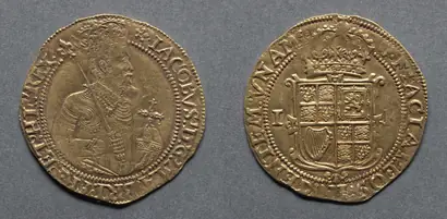Dokumentasi museum Unite: James I (obverse); Shield of Arms (reverse). Nama pembuat belum tercantum pada daftar atribusi museum.