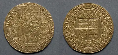 Dokumentasi museum Rose Ryal: James I (obverse); Shield of Arms (reverse). Nama pembuat belum tercantum pada daftar atribusi museum.