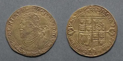 Dokumentasi museum Laurel: James I (obverse); Shield of Arms (reverse). Nama pembuat belum tercantum pada daftar atribusi museum.