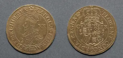 Dokumentasi museum Unite: Charles I (obverse); Crowned Shield (reverse). Nama pembuat belum tercantum pada daftar atribusi museum.