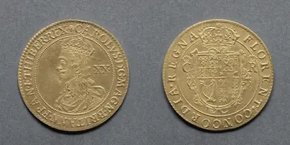Dokumentasi museum Unite: Charles I (obverse); Crowned Shield (reverse). designed by: Nicholas Briot (French, c. 1579–1646).