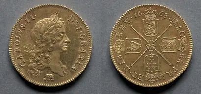 Dokumentasi museum Five Guineas: Charles II (obverse); Four Shields (reverse). design by: John Roettier (British, 1631–1703).