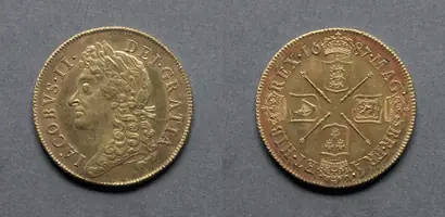 Dokumentasi museum Two Guineas: James II (obverse); Four Shields of Arms (reverse). design by: John Roettier (British, 1631–1703).