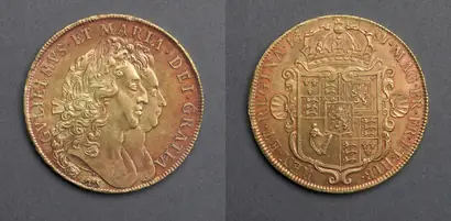 Dokumentasi museum Five Guineas: William & Mary (obverse); Crowned Shield of Arms (reverse). Nama pembuat belum tercantum pada daftar atribusi museum.