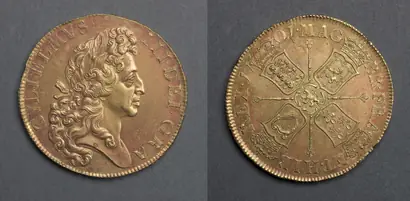 Dokumentasi museum Five Guineas: William III (obverse); Four Shields and Lion of Nassau (reverse). Nama pembuat belum tercantum pada daftar atribusi museum.