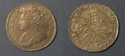 Dokumentasi museum Half Guinea: Anne (obverse); Shields and Rose (reverse). Nama pembuat belum tercantum pada daftar atribusi museum.