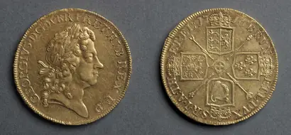 Dokumentasi museum Five Guineas: George I (obverse); Shields and Star of the Order of the Garter (reverse). Nama pembuat belum tercantum pada daftar atribusi museum.