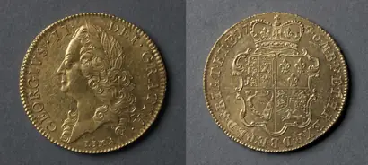Dokumentasi museum Five Guineas: George II (obverse); Shield of Arms (reverse). Nama pembuat belum tercantum pada daftar atribusi museum.