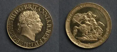 Dokumentasi museum Sovereign: George III (obverse); St. George and the Dragon (reverse). after: design by: Benedetto Pistrucci (Italian, 1784–1855).