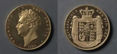 Dokumentasi museum Five Pound Piece: George IV (obverse); Shield of Arms (reverse). design by: Jean Baptiste Merlen (French, 1769–1850).