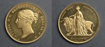 Dokumentasi museum Five Pound Piece: Victoria (obverse); Una (reverse). design by: William Wyon (British, 1795–1851).