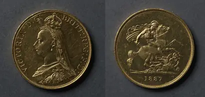 Dokumentasi museum Five Pound Piece: Victoria (obverse); St. George and the Dragon (reverse). after: design by: Benedetto Pistrucci (Italian, 1784–1855); design by: Joseph Boehm (British, 1834–1890).