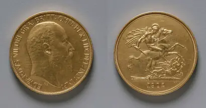 Dokumentasi museum Five Pound Piece: Edward VII (obverse); St. George and the Dragon (reverse). after: design by: Benedetto Pistrucci (Italian, 1784–1855); designed by: George Edward de Saulles (British).