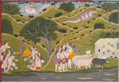 Dokumentasi museum Krishna returns with the cowherds to Braj, from a Bhagavata Purana. Nama pembuat belum tercantum pada daftar atribusi museum.