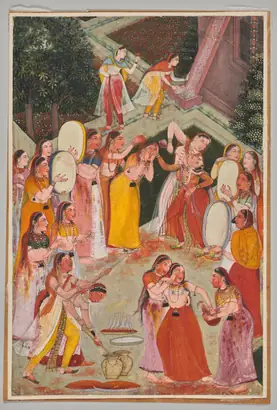 Dokumentasi museum Girls Spraying Each Other at Holi. Nama pembuat belum tercantum pada daftar atribusi museum.