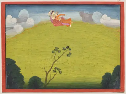 Dokumentasi museum Pradyumna and Mayavati Fly to Dvaraka, from the Large Basohli Bhagavata Purana. Nama pembuat belum tercantum pada daftar atribusi museum.