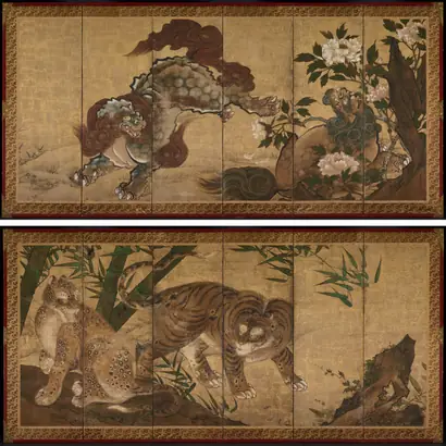 Dokumentasi museum Lions and Tigers in Peony and Bamboo. Yamaguchi Sekkei (Japanese, 1644–1732).