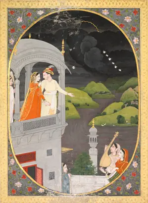 Dokumentasi museum Royal lovers watching rain clouds: The month of Bhadon, from a Barahmasa. Nama pembuat belum tercantum pada daftar atribusi museum.