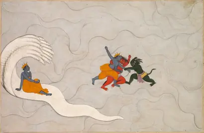 Dokumentasi museum Vishnu Battles Madhu and Kaitabha, from a Markandeya Purana. Nama pembuat belum tercantum pada daftar atribusi museum.