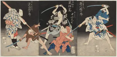 Dokumentasi museum Ichikawa Ebijūrō II as Horiguchi Manzaemon (right), Arashi Rikan II as Kizu Kansuke, Nakayama Bunshichi III as Hayashi Sanzemon (center), and Asao Gakujurō as the Ferryman Sanjūrō (left) from the Kabuki Play "Eight Views of the Kizu River by Boating Song". designer: Shunshosai  Hokuchō (Japanese, active 1822–1830).