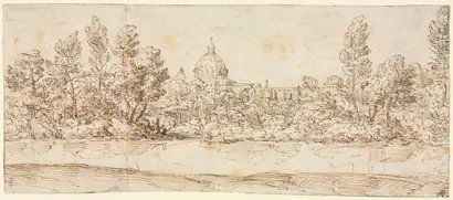 Dokumentasi museum River Landscape with View of St. Peter's Basilica. circle of: Giovanni Francesco Grimaldi (Italian, 1606–1680).
