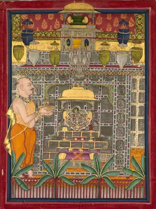 Dokumentasi museum Maharao Kishor Singh II of Kota (r. 1819–28) Worshiping Krishna as Brij Rajji. Nama pembuat belum tercantum pada daftar atribusi museum.
