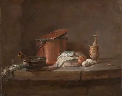 Dokumentasi museum Kitchen Utensils with Leeks, Fish, and Eggs. Jean-Siméon Chardin (French, 1699–1779).