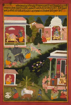 Dokumentasi museum Krishna asks for sweets, from a Sursagar of Surdas (Indian, c. 1480–1580). Nama pembuat belum tercantum pada daftar atribusi museum.