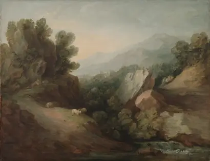 Dokumentasi museum Rocky, Wooded Landscape with a Dell and Weir. Thomas Gainsborough (British, 1727–1788).