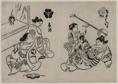 Dokumentasi museum Three Courtesans with a Client. Okumura Masanobu (Japanese, 1686–1764).