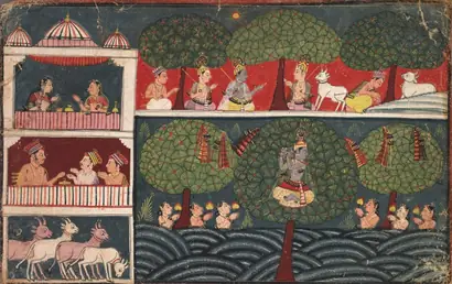 Dokumentasi museum Krishna Steals the Clothes of the Milkmaids and Expounds on the Virtue of Trees, from a Braj Bhagavata Purana. Nama pembuat belum tercantum pada daftar atribusi museum.
