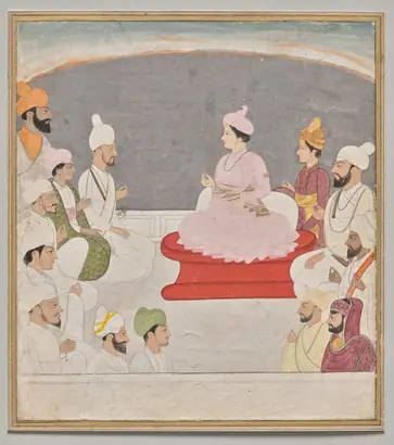 Dokumentasi museum Raja Sansar Chand of Kangra and courtiers. Nama pembuat belum tercantum pada daftar atribusi museum.