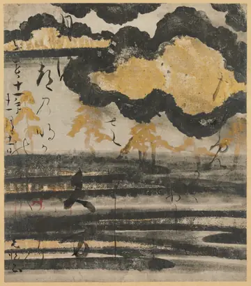 Dokumentasi museum Poem-card from the Shinkokin wakashu (New Collection of Japanese Poems from Ancient and Modern Times) with Design of Pine on a Beach. calligraphy by: Hon'ami Kōetsu (Japanese, 1558–1637); Tawaraya Sōtatsu (Japanese, c. 1570–c. 1640).